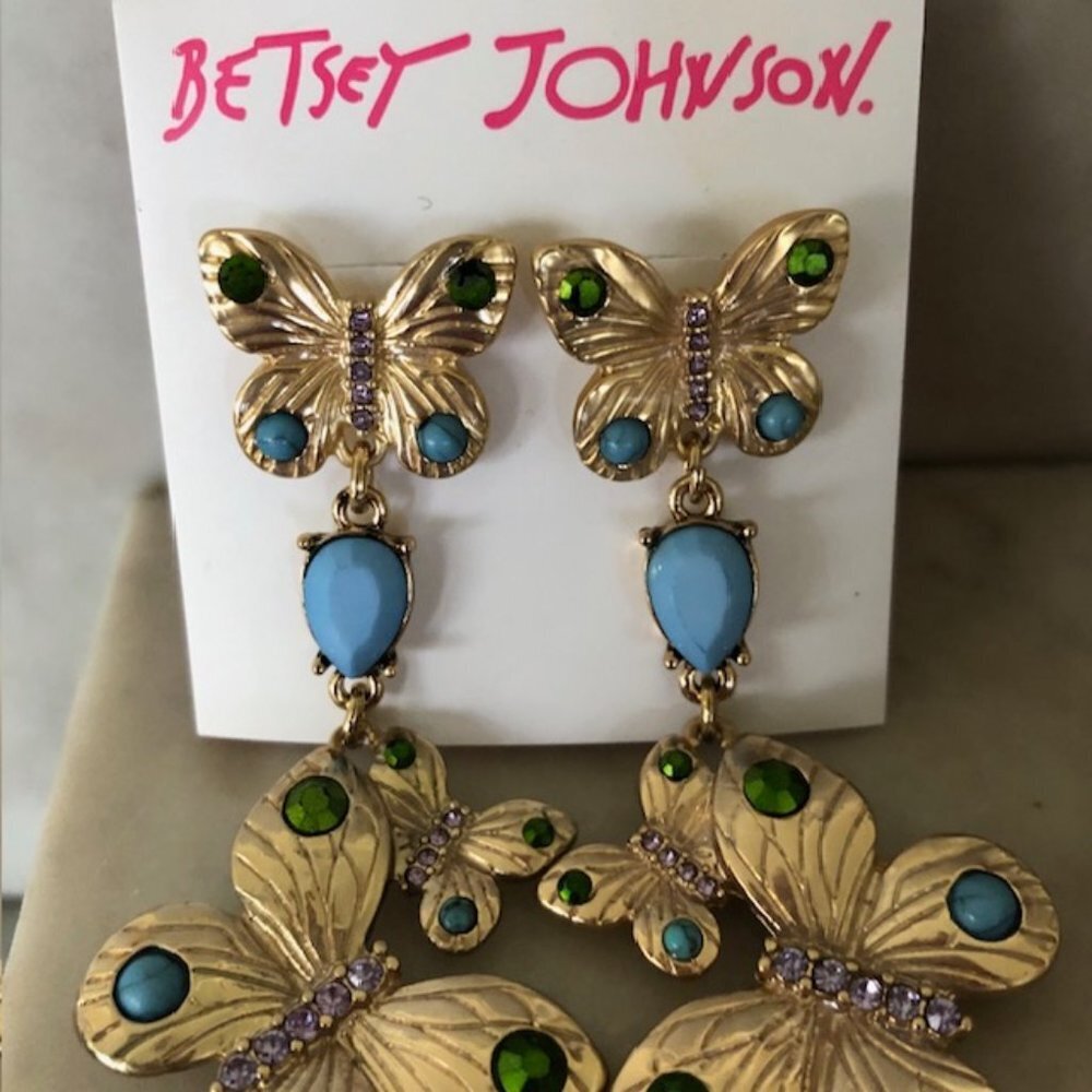 BETSEY JOHNSON Butterfly Rhinestone Gold Tone Blue Green Dangle Post Ear… - Picture 6 of 14